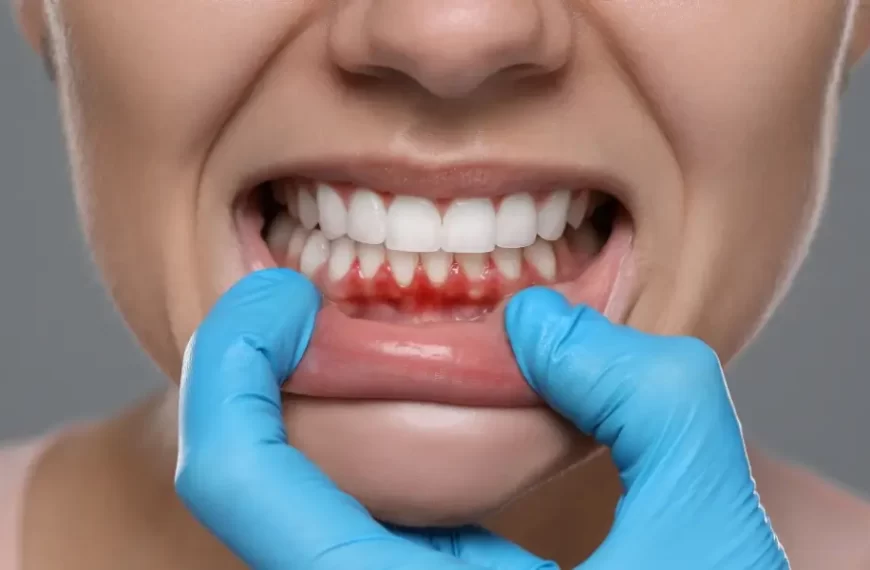 A imagem mostra um close-up da boca de uma pessoa, com foco nas gengivas, que apresentam vermelhidão e inflamação — sinais típicos de gengivite ou outra condição periodontal. Os dentes estão visíveis, brancos e bem alinhados. Uma mão usando uma luva cirúrgica azul segura o lábio inferior para expor melhor a região gengival, indicando um contexto clínico ou odontológico, provavelmente durante um exame ou procedimento.