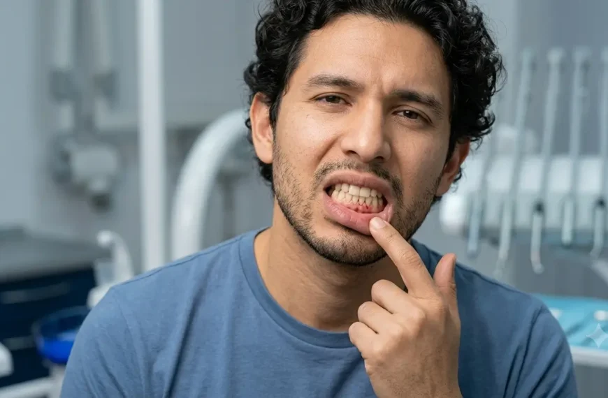Um homem de cabelos escuros e cacheados e barba rala, vestindo uma camiseta azul, em close-up. Ele puxa o lábio inferior para baixo, apontando para a gengiva vermelha e inflamada e os dentes inferiores. Sua expressão é de desconforto, com as sobrancelhas franzidas. Ao fundo, desfocado, vê-se um consultório odontológico com equipamentos e uma cadeira de cor clara.
