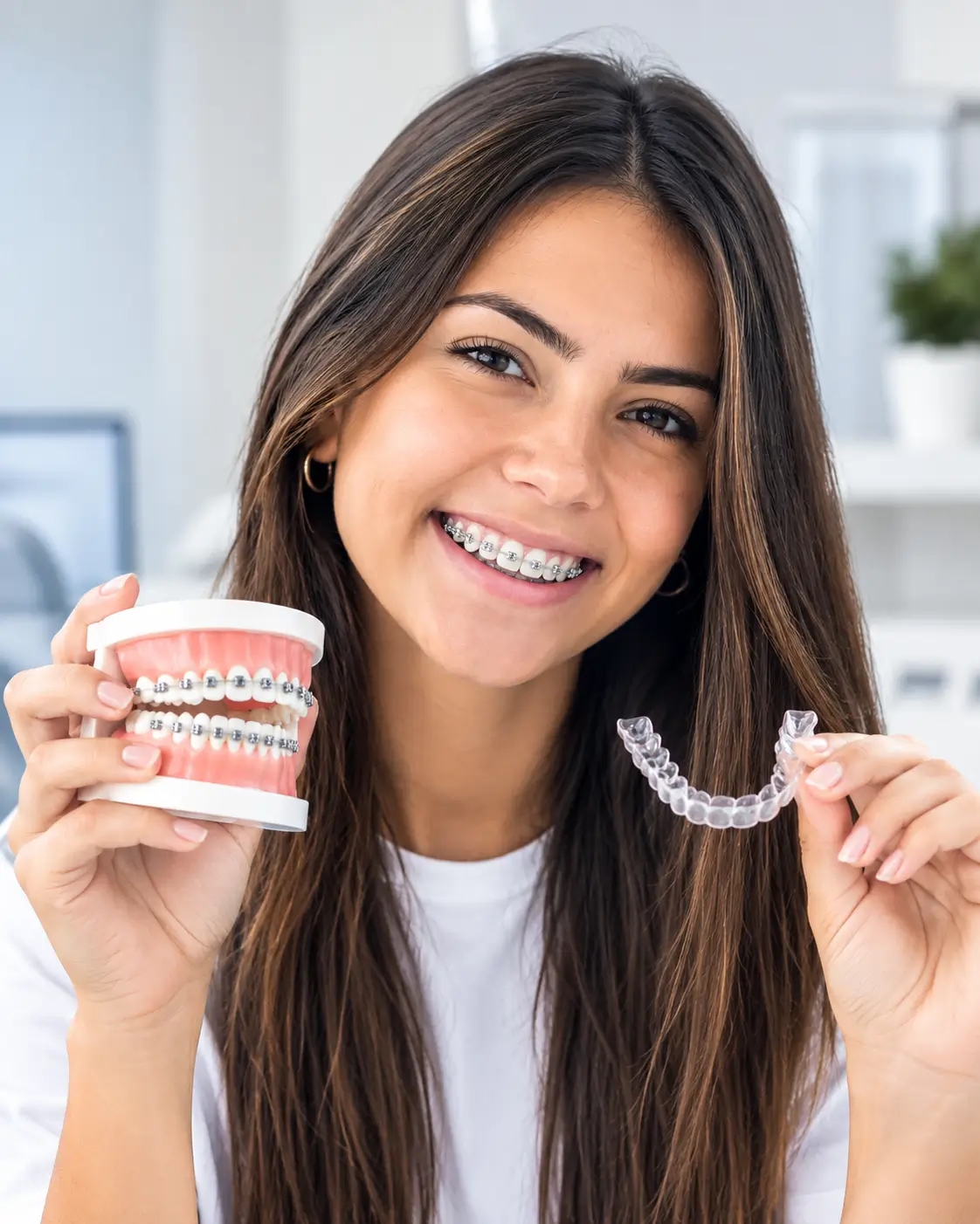 A mulher está em uma clínica odontológica moderna, elegante e bem iluminada, com fundo predominantemente branco, detalhes sutis em tons neutros e elementos de consultório odontológico suavemente desfocados.</p>
<p>Ela segura em uma das mãos um modelo odontológico de dentes com aparelho metálico e, na outra, um alinhador transparente, representando diferentes opções de tratamento ortodôntico.