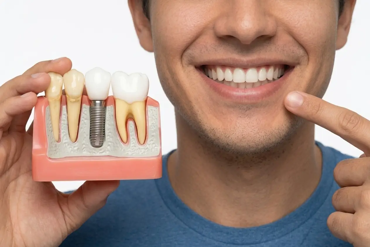 Um close do rosto de um homem sorridente de pele clara com barba por fazer, segurando um modelo dentário rosa e branco que exibe raízes de dentes e um implante metálico. Ele está apontando com o dedo indicador para seu próprio dente no lado oposto do rosto
