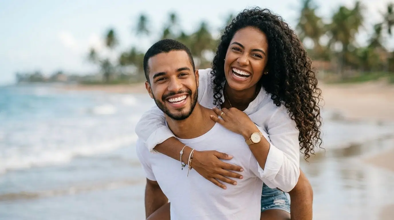 Um casal negro jovem e sorridente em uma praia tropical. O homem carrega a mulher nas costas (piggyback ride); ambos riem abertamente para a câmera. Ele veste uma camiseta branca simples, e ela usa uma camisa branca de botão e shorts jeans, com o oceano e coqueiros ao fundo sob um céu claro.